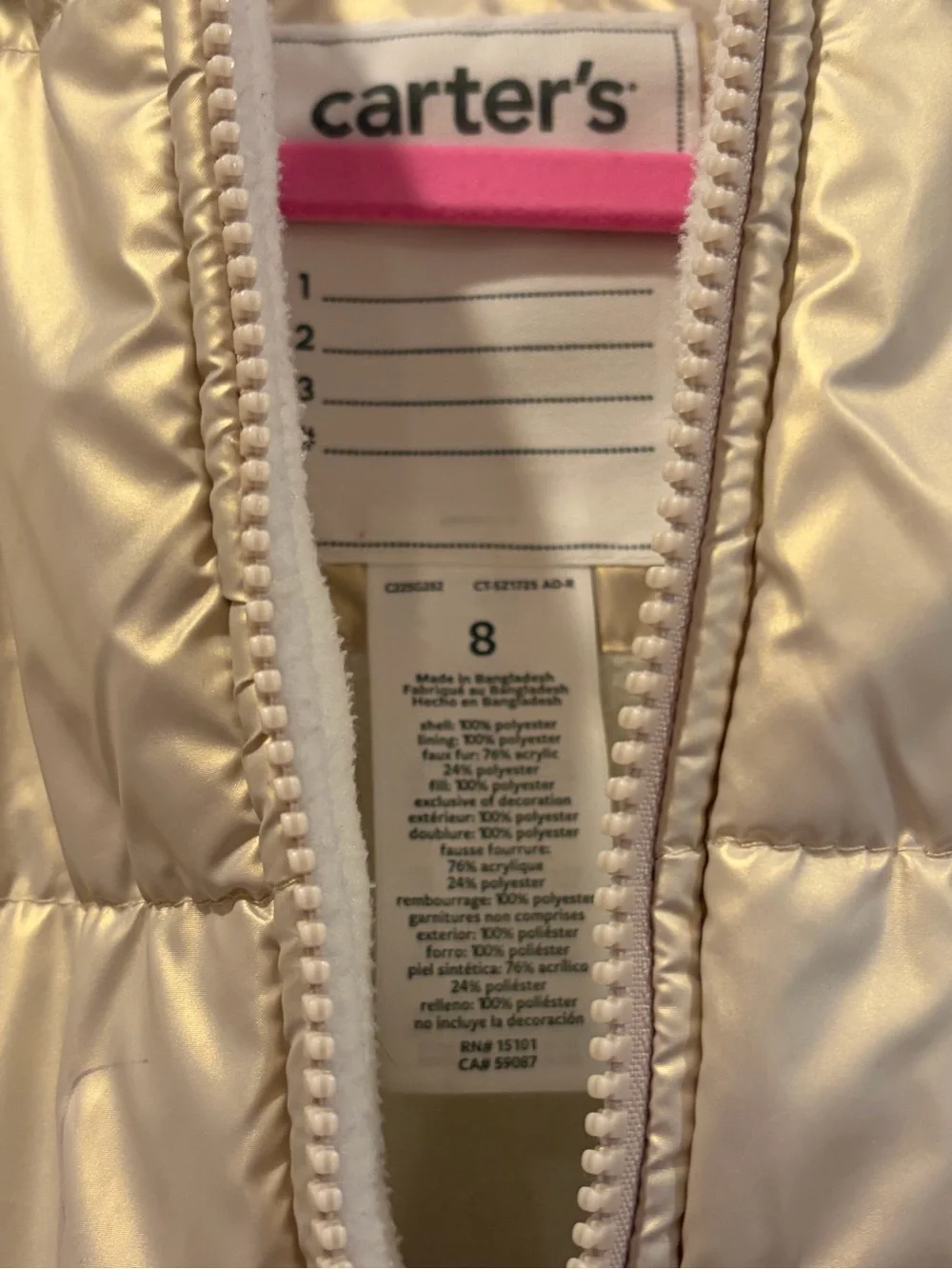 Carter’s Metallic Gold Cream Hooded Puffer Jacket with Faux Fur Trim 🤎